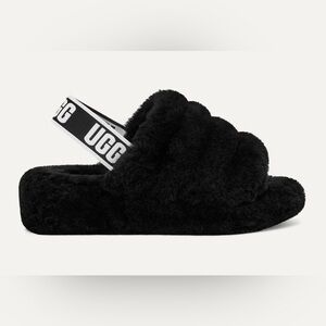 UGG Black Fluffy Slides with Logo